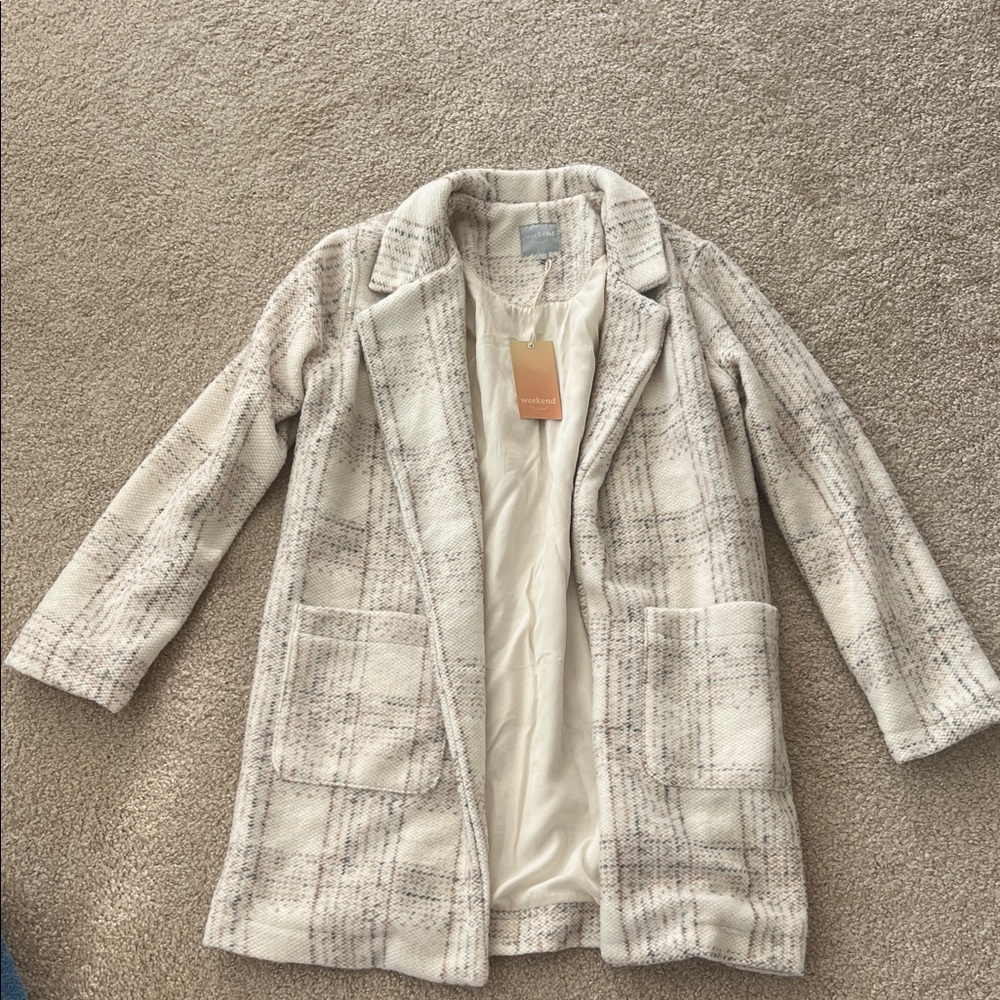 Plaid Cream Open-Front Trench Coat with Patch Pockets